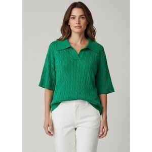 NEW Green Cable‎ Knit Short Sleeve Large Polo Sweater Viscose Top Preppy
